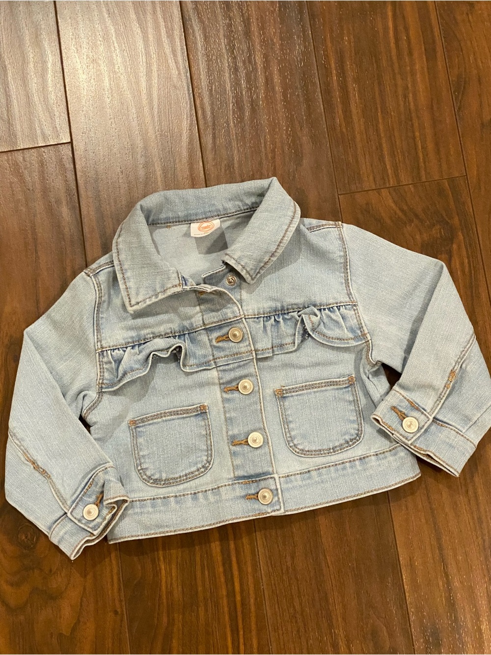 4/$20 Light blue stretch denim ruffled jean jacket 2T